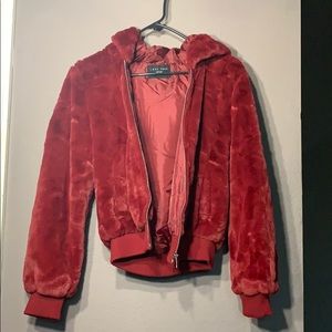 Red faux fur coat